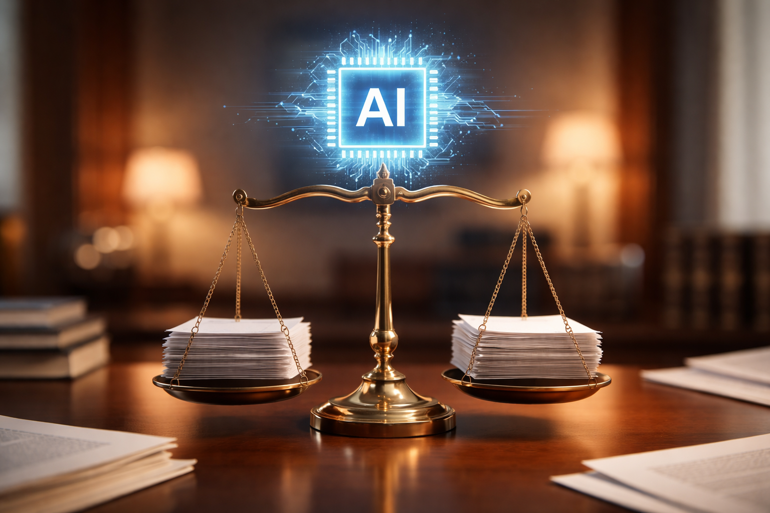Featured blog image showing an AI chip hovering above two stacks of legal documents on a balance scale.