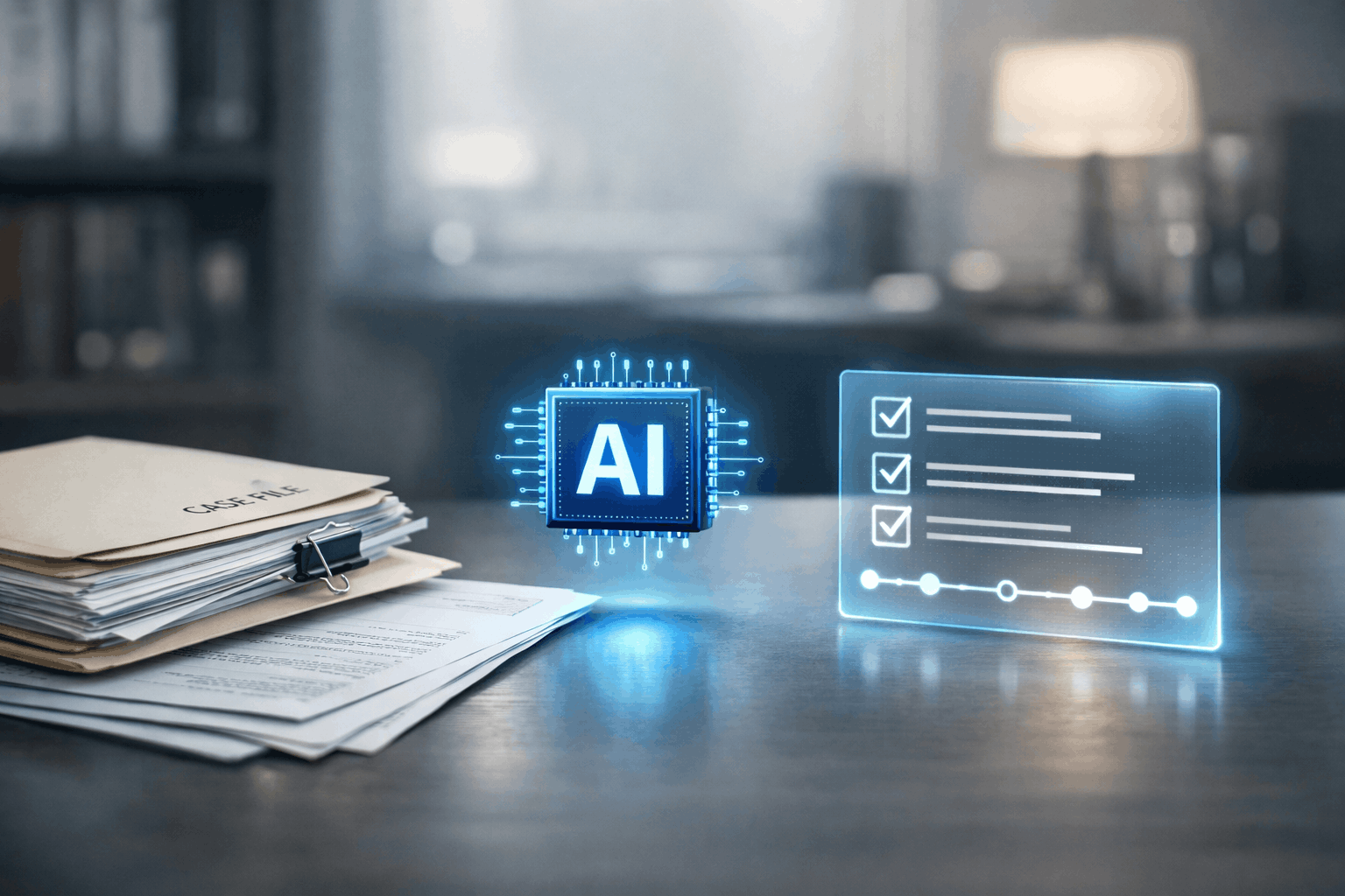 Glowing AI chip hovering over a litigation case file folder with a holographic checklist on a law office desk.