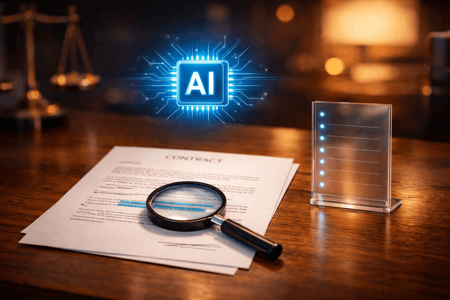 Cinematic photorealistic law-office desk with a contract under a magnifying glass, a glowing blue AI chip icon hovering above, and a minimalist acrylic checklist card with seven illuminated dots.