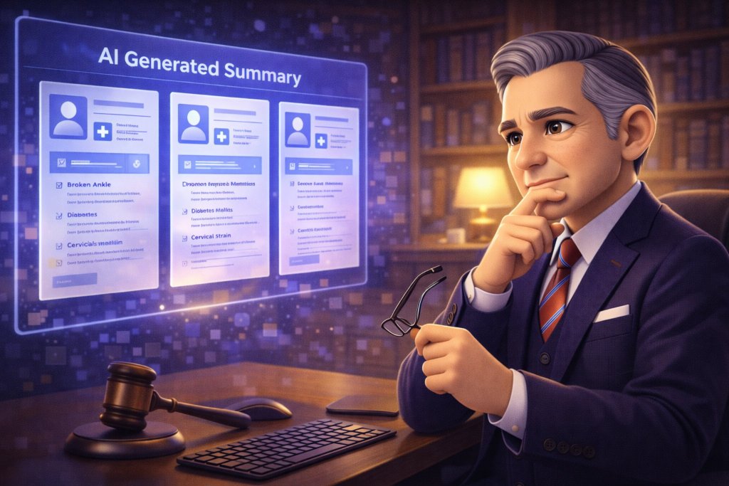 An attorney, dressed in a dark suit and striped tie, thoughtfully examines AI-generated medical summaries displayed on a futuristic digital screen. The summaries detail various medical conditions, and the attorney holds his glasses, pondering the information. The scene takes place in a well-lit office with bookshelves in the background.
