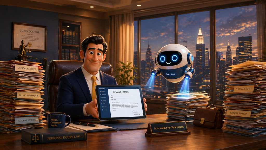 Current image: Animated-style lawyer in an office holding a tablet displaying a demand letter while a small floating robot assistant hovers nearby, with stacks of legal documents and a city skyline in the background
