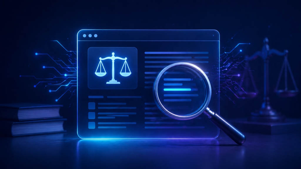 A futuristic digital illustration depicting AI-powered legal research. It shows a glowing, translucent UI panel with a scales of justice icon, a magnifying glass, and circuit-like patterns around it. The scene is in dark blue and purple tones, emphasizing legal tech with neon highlights and glowing lines.