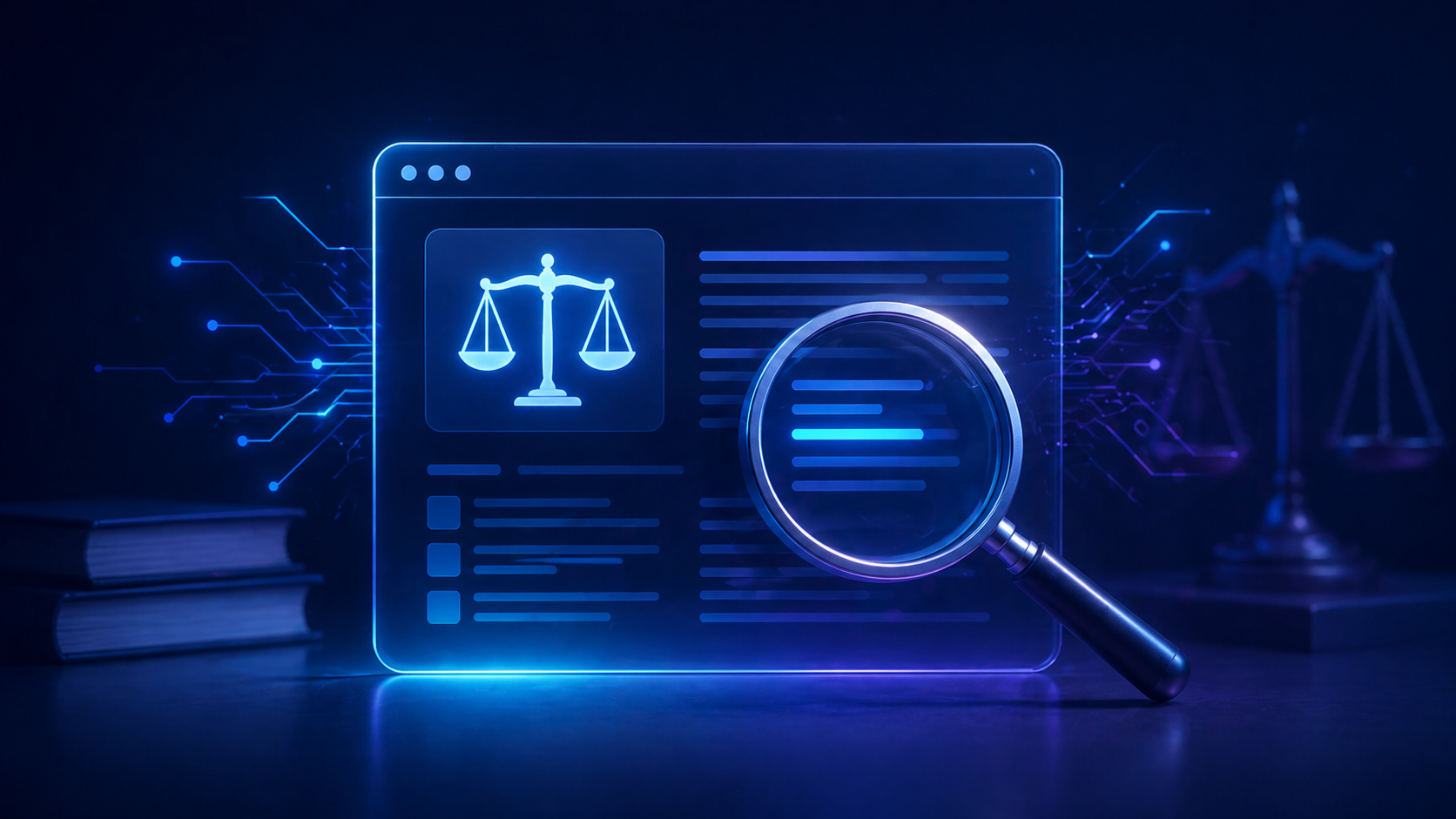 A futuristic digital illustration depicting AI-powered legal research. It shows a glowing, translucent UI panel with a scales of justice icon, a magnifying glass, and circuit-like patterns around it. The scene is in dark blue and purple tones, emphasizing legal tech with neon highlights and glowing lines.