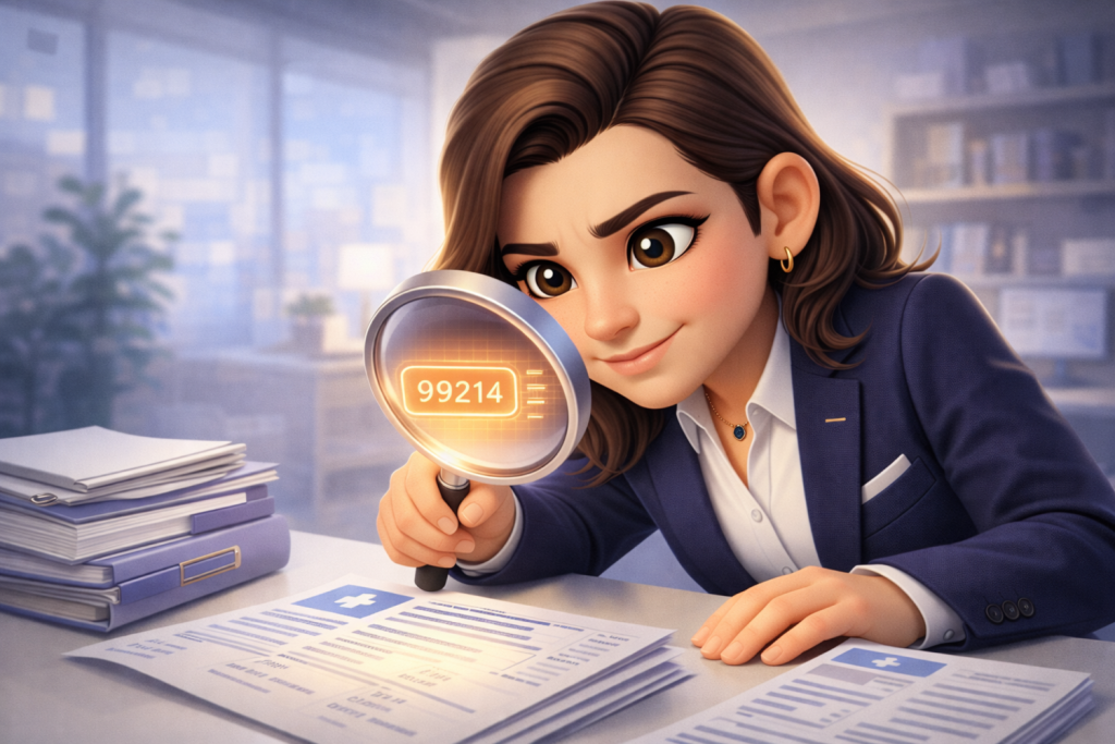 A professional woman in a business suit carefully scrutinizing a medical billing document with a magnifying glass. The document features a highlighted medical billing code (99214), and the background shows a modern office with stacks of files.
