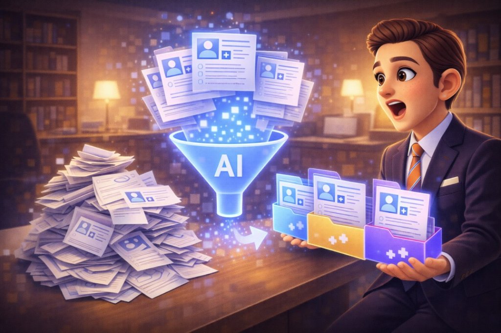 AI funnel transforming chaotic documents into organized files