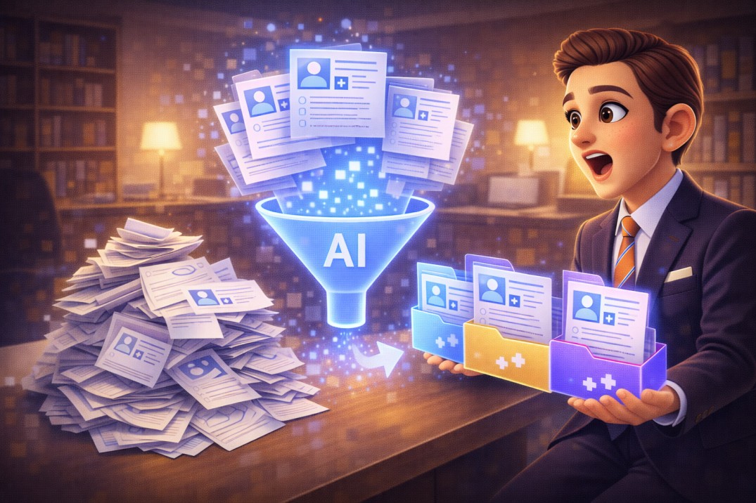AI funnel transforming chaotic documents into organized files