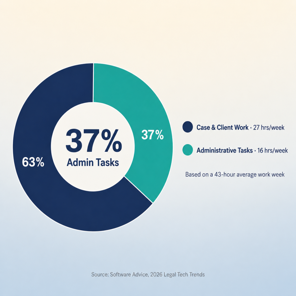 Donut chart showing thirty-seven percent of attorney time spent on administrative tasks Description: A donut chart centered on a smooth gradient background that shifts from a very pale cream at the top to a soft cool blue-gray at the bottom. The donut has two segments: the larger segment (63%, roughly seven o'clock to four o'clock going clockwise) is a calm navy blue, and the smaller segment (37%, four o'clock to seven o'clock) is a bright teal that stands out against the navy. The donut ring is thick (about 25% of the chart diameter) with a clean white gap in the center. Inside the donut center, the text "37%" appears large and bold in navy sans-serif, with "Admin Tasks" in smaller text directly below it. To the right of the donut, two legend items are stacked vertically: a small navy circle next to "Case & Client Work · 27 hrs/week" and a small teal circle next to "Administrative Tasks · 16 hrs/week". Below the legend, a smaller line reads "Based on a 43-hour average work week". At the very bottom of the image, a fine source line reads "Source: Software Advice, 2026 Legal Tech Trends" in small light gray text. No 3D effects, no drop shadows on the chart. Clean, flat, data-forward. Style reference: a Vox or FiveThirtyEight editorial chart.
