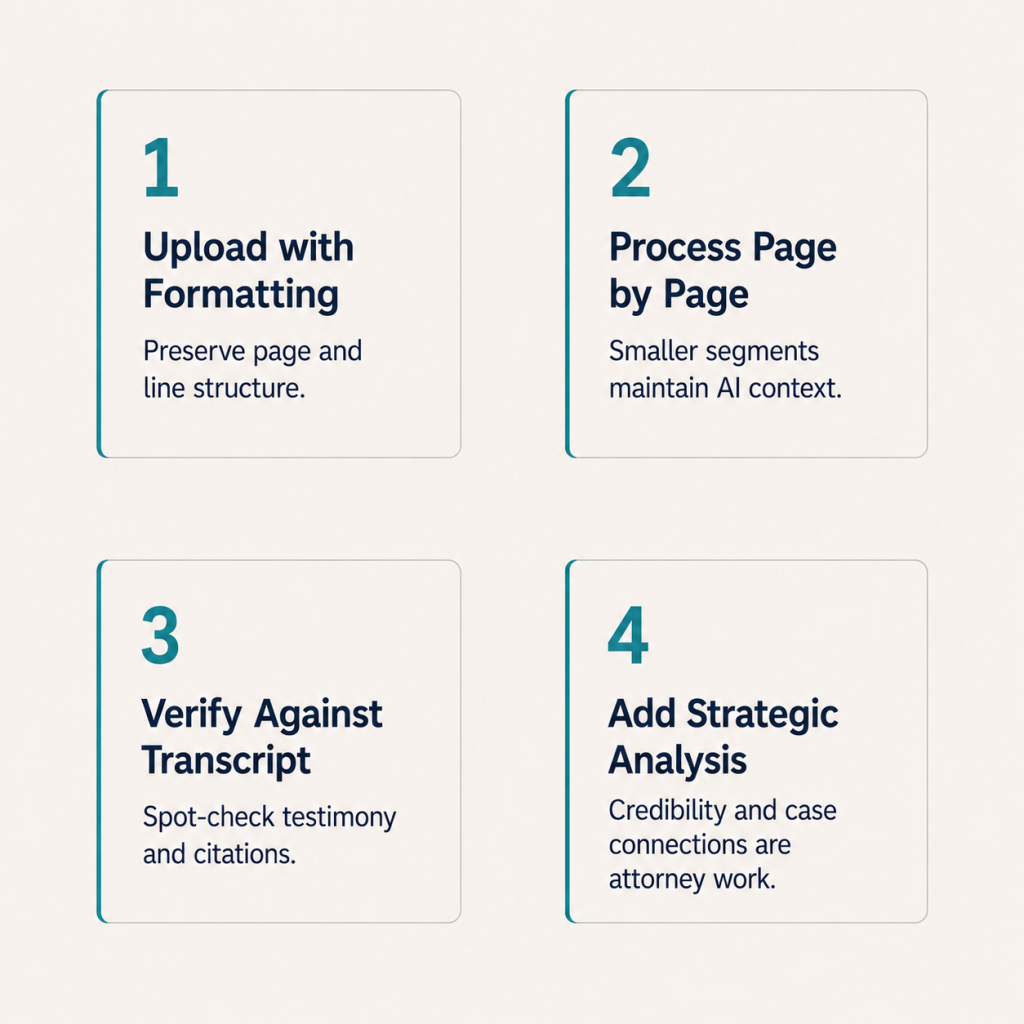 Numbered four step workflow showing upload, process, verify, and analyze stages for AI deposition summaries Description: A clean process diagram on a cream (#F5F0E8) background. Four rounded rectangular cards arranged in a 2×2 grid (two on top, two on bottom), connected by subtle teal (#2A7F8E) directional arrows flowing left-to-right, top-to-bottom (1→2 across the top, then 2→3 drops down, then 3→4 across the bottom). Each card has a large step number in teal at the top-left corner and a short title in bold navy (#1B2A4A) sans-serif text. Card 1 (top-left): "1" — "Upload with Formatting" — small body text below in navy: "Preserve page and line structure." Card 2 (top-right): "2" — "Process Page by Page" — "Smaller segments maintain AI context." Card 3 (bottom-left): "3" — "Verify Against Transcript" — "Spot-check testimony and citations." Card 4 (bottom-right): "4" — "Add Strategic Analysis" — "Credibility and case connections are attorney work." Each card has a thin teal left border. No icons, no 3D characters. Clean editorial infographic style, like a McKinsey process diagram. 1024×1024 square.