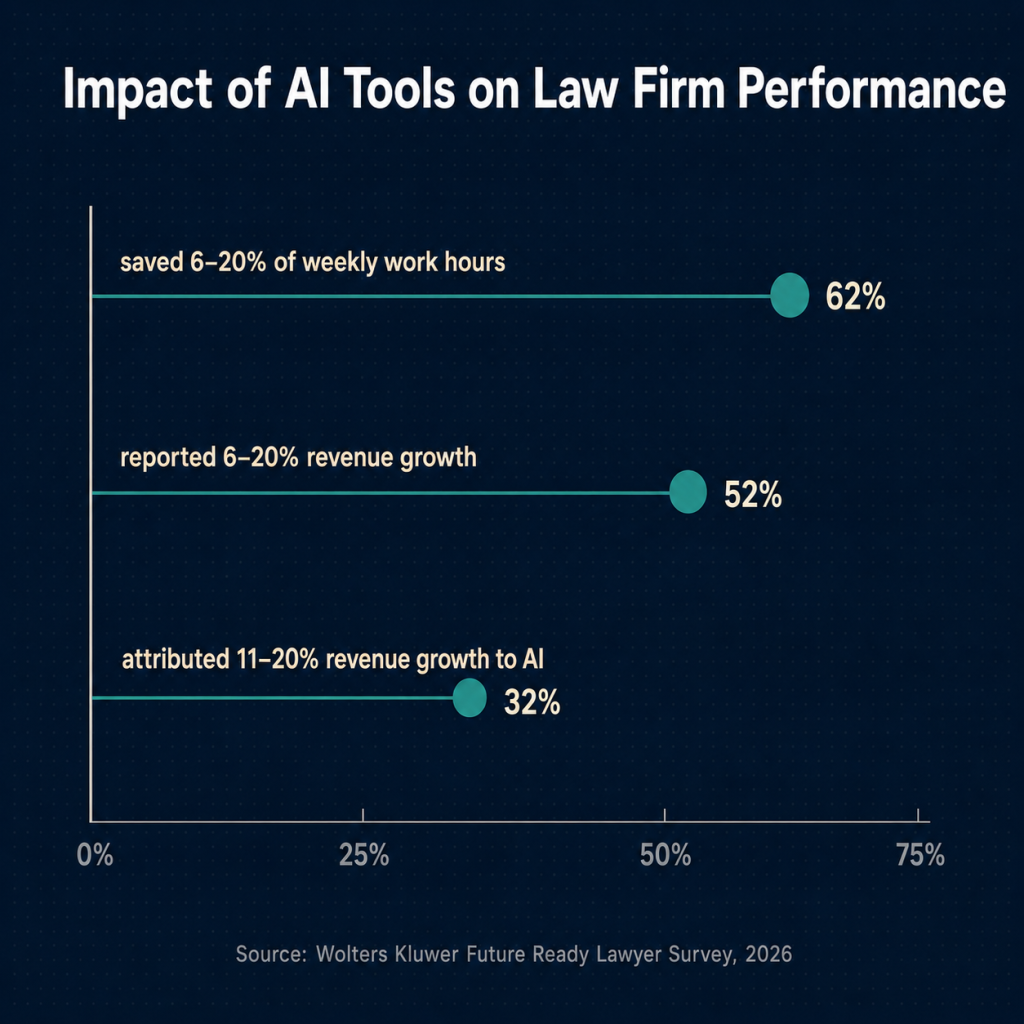 Lollipop chart showing three survey findings on AI time savings and revenue growth from Wolters Kluwer Description: A lollipop chart on a dark professional navy background with a very subtle fine dot grid pattern (barely visible, just enough to add texture). Three horizontal lollipop lines are stacked vertically with generous spacing between them. Each lollipop is a thin horizontal line extending from the left edge to a filled circle (the "lollipop head") at the data point. The circles are teal, roughly 16px diameter. From top to bottom, the three data points: First lollipop: the circle sits at "62%" with a label to the right reading "saved 6–20% of weekly work hours" in cream-colored text. Second lollipop: the circle sits at "52%" with a label reading "reported 6–20% revenue growth" in cream text. Third lollipop: the circle sits at "32%" with a label reading "attributed 11–20% revenue growth to AI" in cream text. A light vertical axis line at 0% anchors the left side. Percentage labels (0%, 25%, 50%, 75%) run faintly along the bottom in small gray text. At the top of the chart, a title reads "Impact of AI Tools on Law Firm Performance" in white bold sans-serif. At the bottom, a source line reads "Source: Wolters Kluwer Future Ready Lawyer Survey, 2026" in small gray text. Style reference: dark-mode dashboard card, clean data visualization.