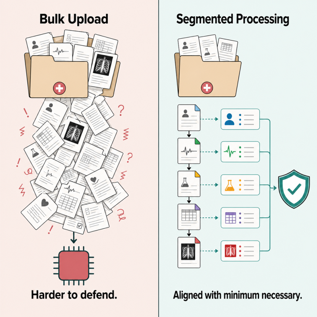 Split comparison showing bulk file upload versus segmented visit-by-visit processing of medical records