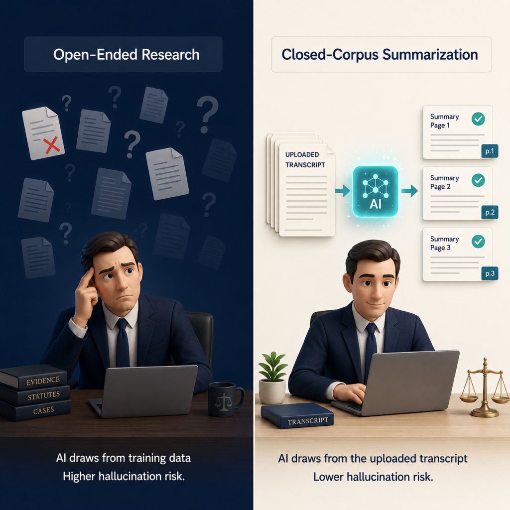 Split comparison illustration showing chaotic open-ended AI research on one side and structured closed-corpus deposition processing on the other Description: A vertical split-screen composition divided down the center by a thin cream-colored line. LEFT SIDE: A dark, slightly chaotic scene on a deep navy (#1B2A4A) background. A simplified 3D illustrated figure of a lawyer sits at a desk looking uncertain. Above the figure, multiple document icons and question marks float in a scattered, disorganized pattern, some fading into transparency to suggest unreliable or phantom sources. A small red "X" appears on one of the floating documents. At the top of this half, a translucent banner reads "Open-Ended Research" in white text. BOTTOM of left half: small cream text reads "AI draws from training data" with a second line: "Higher hallucination risk." RIGHT SIDE: A clean, organized scene on a bright cream (#F5F0E8) background. A similar 3D illustrated lawyer figure sits at a desk, composed and focused. Above, a single neat stack of transcript pages feeds into a small glowing teal (#2A7F8E) processing element, and clean summary cards emerge on the other side, each with a tiny page number tag. A small green checkmark appears on the output cards. At the top, a translucent banner reads "Closed-Corpus Summarization" in navy text. BOTTOM of right half: small navy text reads "AI draws from the uploaded transcript" with a second line: "Lower hallucination risk." The overall feel is a clear before/after or wrong-way/right-way comparison. 1024×1024 square.