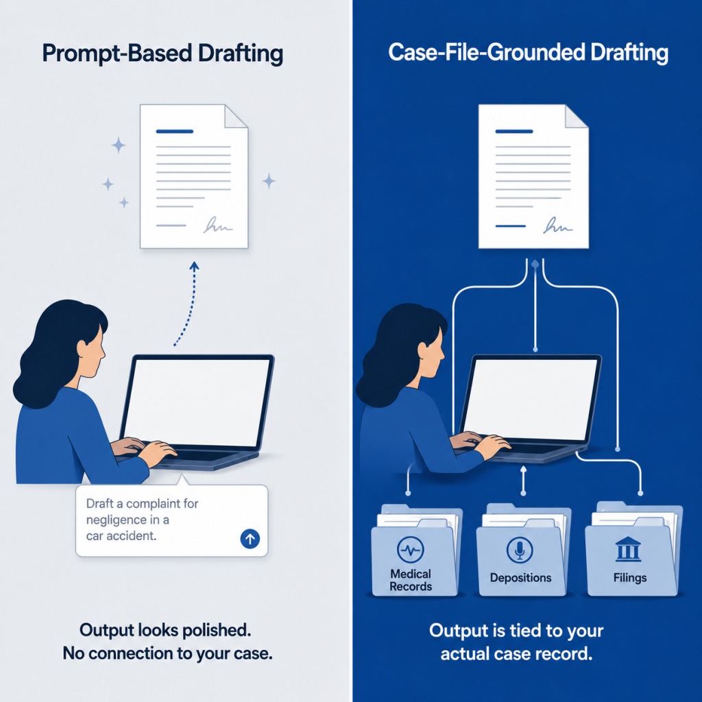 Split comparison showing prompt-based AI drafting versus case-file-grounded drafting with visual metaphors Description: A square image split vertically into two halves. LEFT HALF: A slightly desaturated, cool-gray background. At the top, a label reads "Prompt-Based Drafting" in a clean sans-serif font. Below, a simplified illustration of a person typing a text prompt into a blank screen. Floating outward from the screen is a polished-looking legal document, but it is visually disconnected from anything below it. There are no case files, no records, no source materials anywhere in this half. The document floats in empty space. A small caption at the bottom of the left half reads: "Output looks polished. No connection to your case." RIGHT HALF: A warm-toned background in a deep professional blue. At the top, a label reads "Case-File-Grounded Drafting" in white text. Below, a simplified illustration of the same screen, but this time there are visible stacks of labeled folders feeding into it from below (labeled "Medical Records," "Depositions," "Filings"). 
