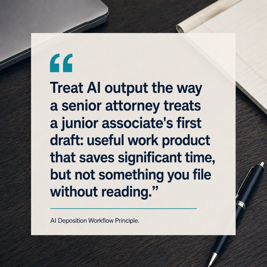 Pull quote card with text reading treat AI output the way a senior attorney treats a junior associates first draft Description: A photo-style background showing a slightly blurred, overhead view of a clean modern legal desk surface: dark wood grain with the corner of a white legal pad, a closed laptop edge, and a single pen visible. Over this background, a large translucent cream (#F5F0E8, approximately 85% opacity) rectangular card is centered, with generous padding. Inside the card, a large opening quotation mark in teal (#2A7F8E) sits at the top-left corner of the text area. The quote text reads in bold navy (#1B2A4A) sans-serif: "Treat AI output the way a senior attorney treats a junior associate's first draft: useful work product that saves significant time, but not something you file without reading." No closing quotation mark (modern editorial style). Below the quote, a thin teal line separator, then a small attribution line in lighter navy: "AI Deposition Workflow Principle." The overall aesthetic is a premium editorial pull-quote card. 1024×1024 square.