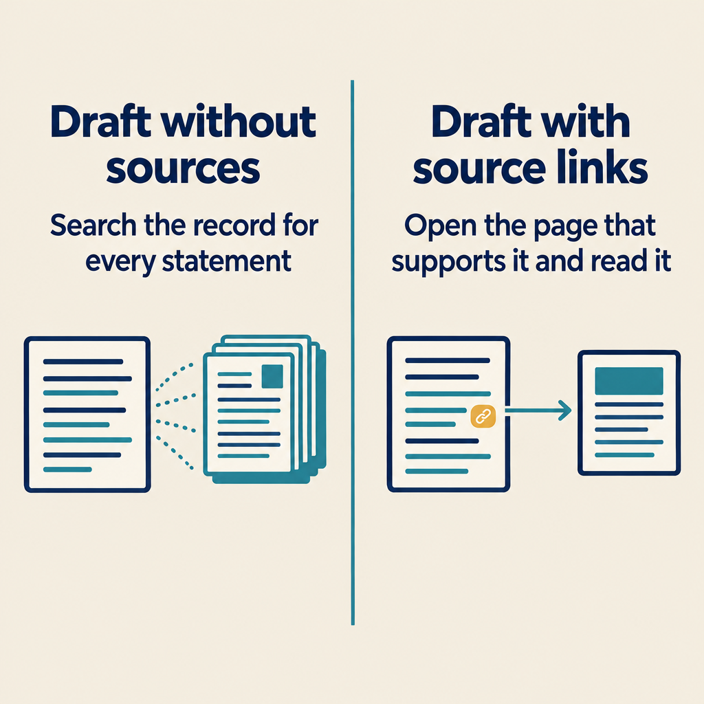 Two-way comparison: draft without sources means searching the record; draft with source links means opening the source