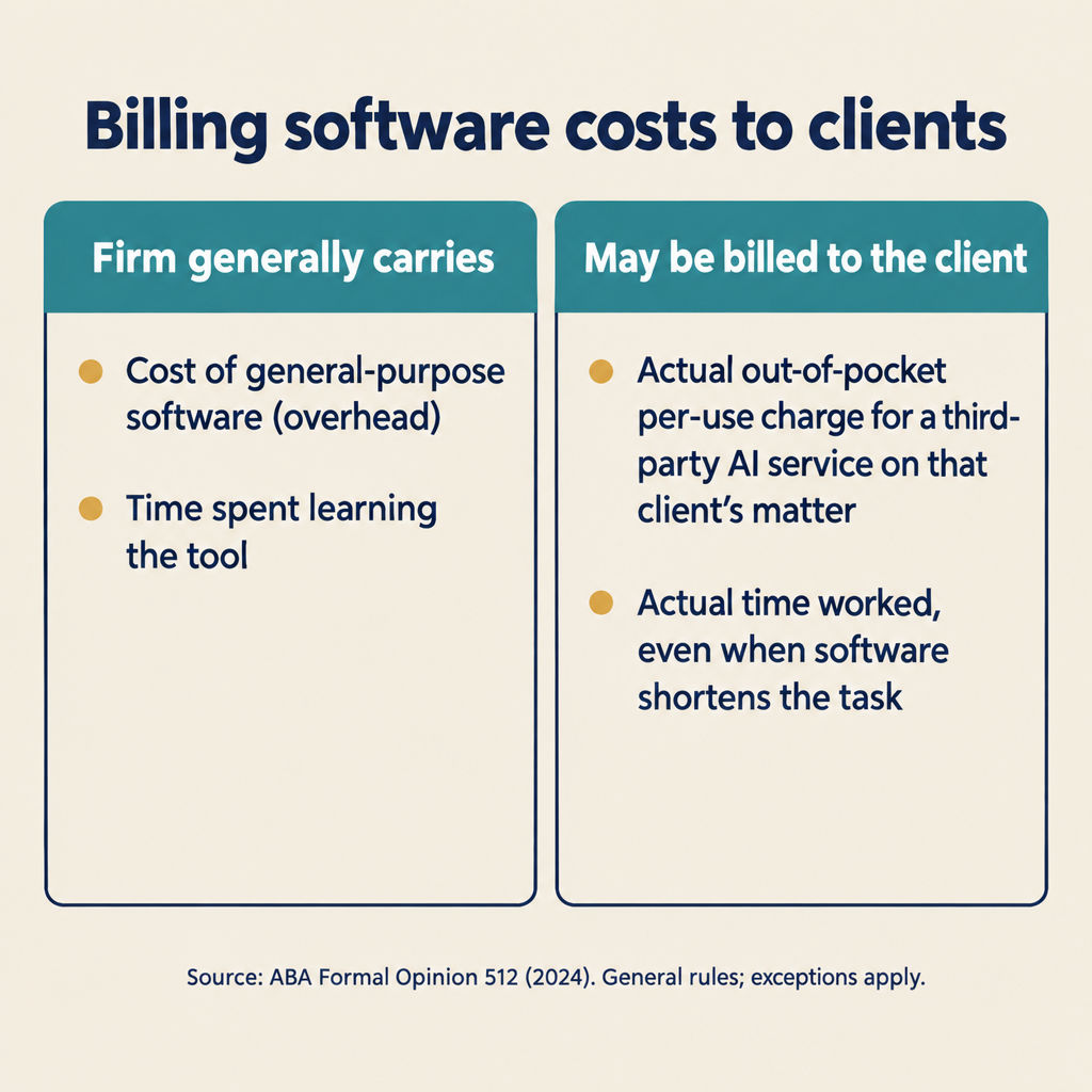 Two columns comparing costs a firm absorbs versus costs that may be billed to the client under ABA Opinion 512