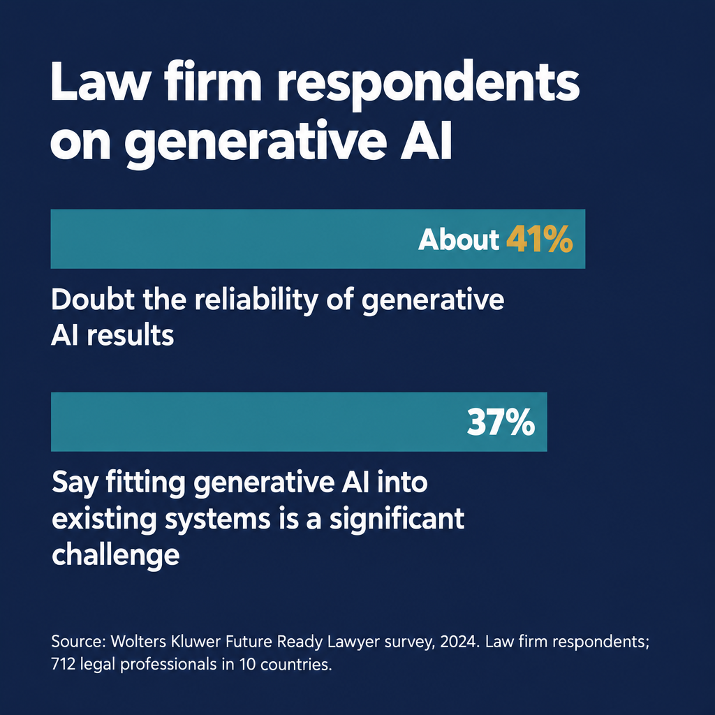 Bar chart: 41% of surveyed law firm respondents doubt generative AI reliability; 37% cite integration as a challenge