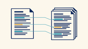 Stack of case documents with lines linking highlighted sentences to source pages, in navy, cream and teal
