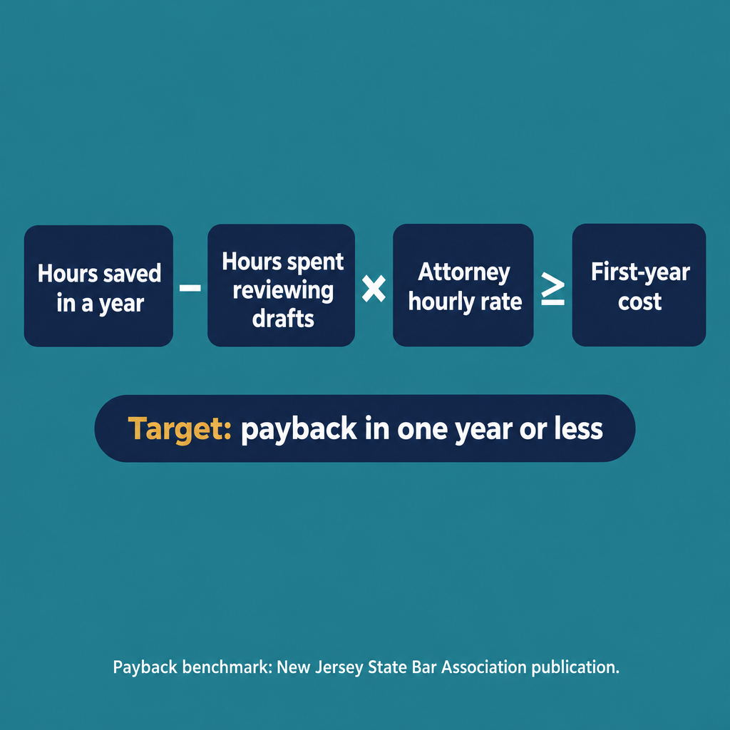 Payback test: hours saved minus review hours, times hourly rate, compared with first-year cost; target one year or less
