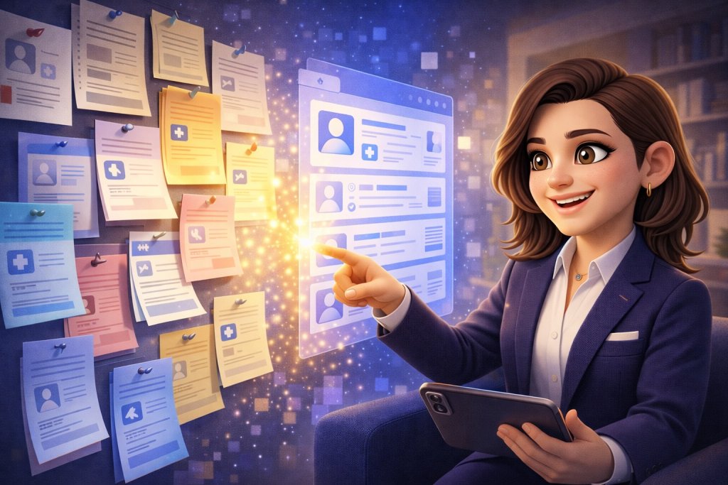 A stylized illustration of a smiling professional woman holding a tablet and touching a glowing digital medical records interface, with paper case files pinned on a wall transforming into organized electronic health records.