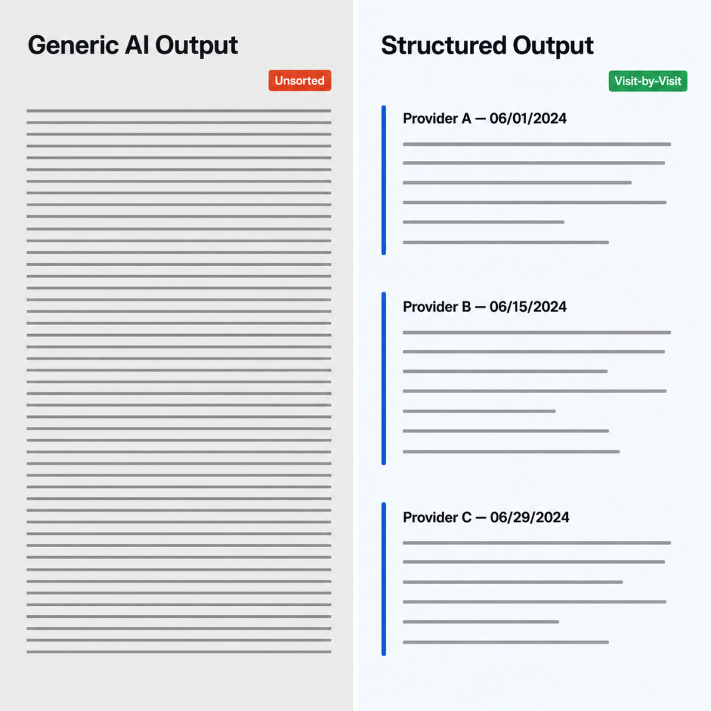 Side-by-side comparison of generic narrative medical summary versus structured visit-by-visit output Description: A square image split vertically into two side-by-side panels with a thin white divider. LEFT PANEL: A pale gray background. At the top, a header reads "Generic AI Output" in dark text. Below, a single large block of placeholder text represented as evenly spaced horizontal gray lines, all the same length and weight, forming one dense rectangle. It should look like an undifferentiated wall of text with no breaks, no headers, no structure. The visual impression is monotony and difficulty. A small red-orange tag in the upper-right corner of the text block reads "Unsorted." RIGHT PANEL: A clean white background with a subtle blue tint. At the top, a header reads "Structured Output" in dark text. Below, the same amount of content is organized into three clearly separated sections, each with a small bold header line (representing a provider name and date), followed by shorter grouped lines underneath representing complaints, diagnoses, treatments, and billing codes. Each section is visually distinct with a thin left-side color accent bar in blue.