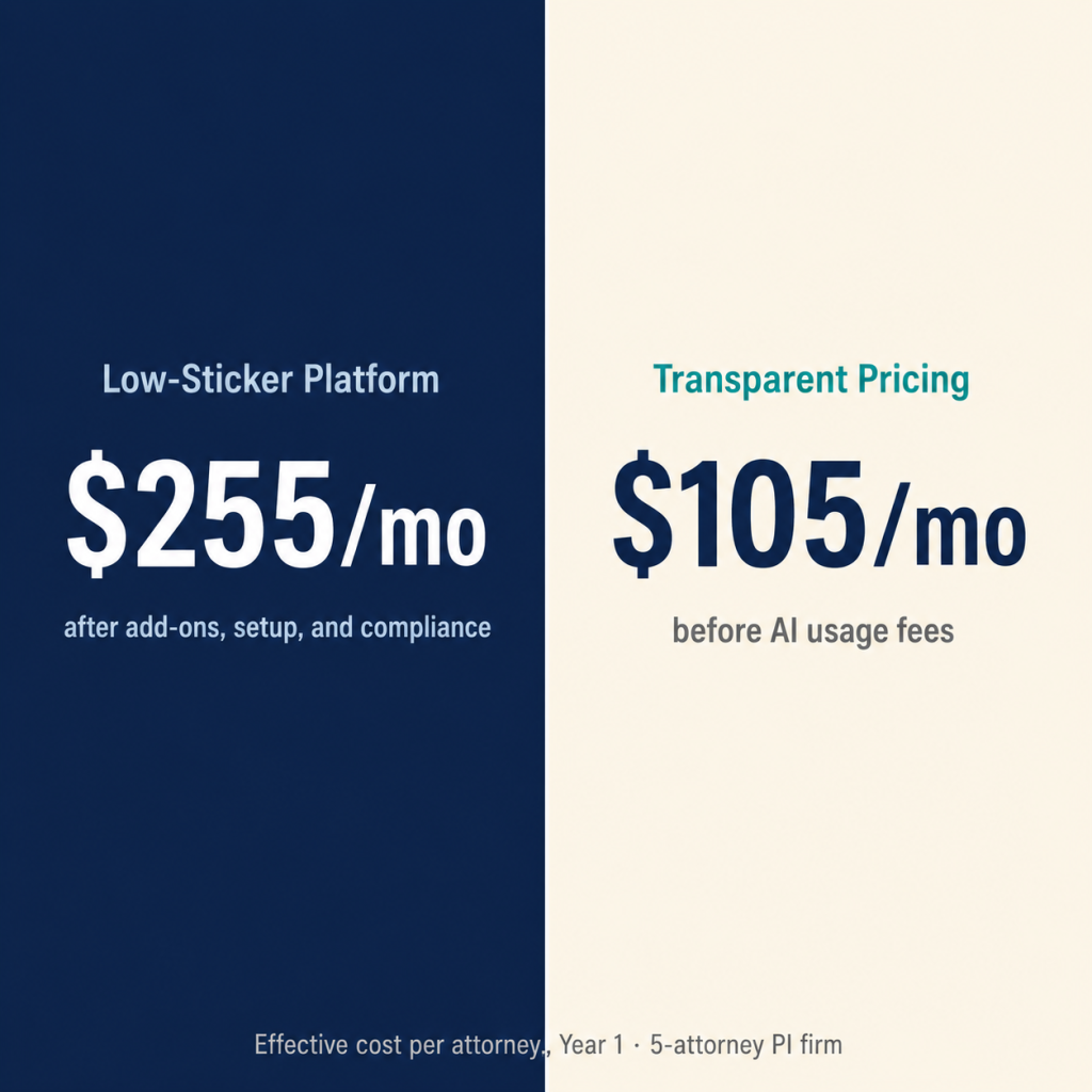 Side-by-side comparison showing two hundred fifty-five dollars versus one hundred five dollars effective monthly cost per attorney Description: A comparison split-image with two vertical panels side by side, divided by a thin white vertical line down the center. The left panel has a dark navy background. The right panel has a warm cream background. On the left panel, centered vertically, the large figure "$255/mo" appears in white bold sans-serif text, with a smaller label above it reading "Low-Sticker Platform" in a lighter blue-gray, and a smaller line below reading "after add-ons, setup, and compliance" in the same lighter tone. On the right panel, centered vertically, the large figure "$105/mo" appears in dark navy bold sans-serif text, with a smaller label above reading "Transparent Pricing" in a muted teal, and a smaller line below reading "before AI usage fees" in a muted gray. The right-panel figure should feel noticeably more inviting (warm background, clean contrast) compared to the left panel's heavier, darker treatment. Both figures should be the same font size so the numerical difference speaks for itself. No icons, no charts, no decorative elements. At the bottom of the full frame, spanning both panels, a single fine-print line reads "Effective cost per attorney, Year 1 · 5-attorney PI firm" in small gray text. Style reference: clean SaaS comparison graphic, Stripe or Linear marketing aesthetic.