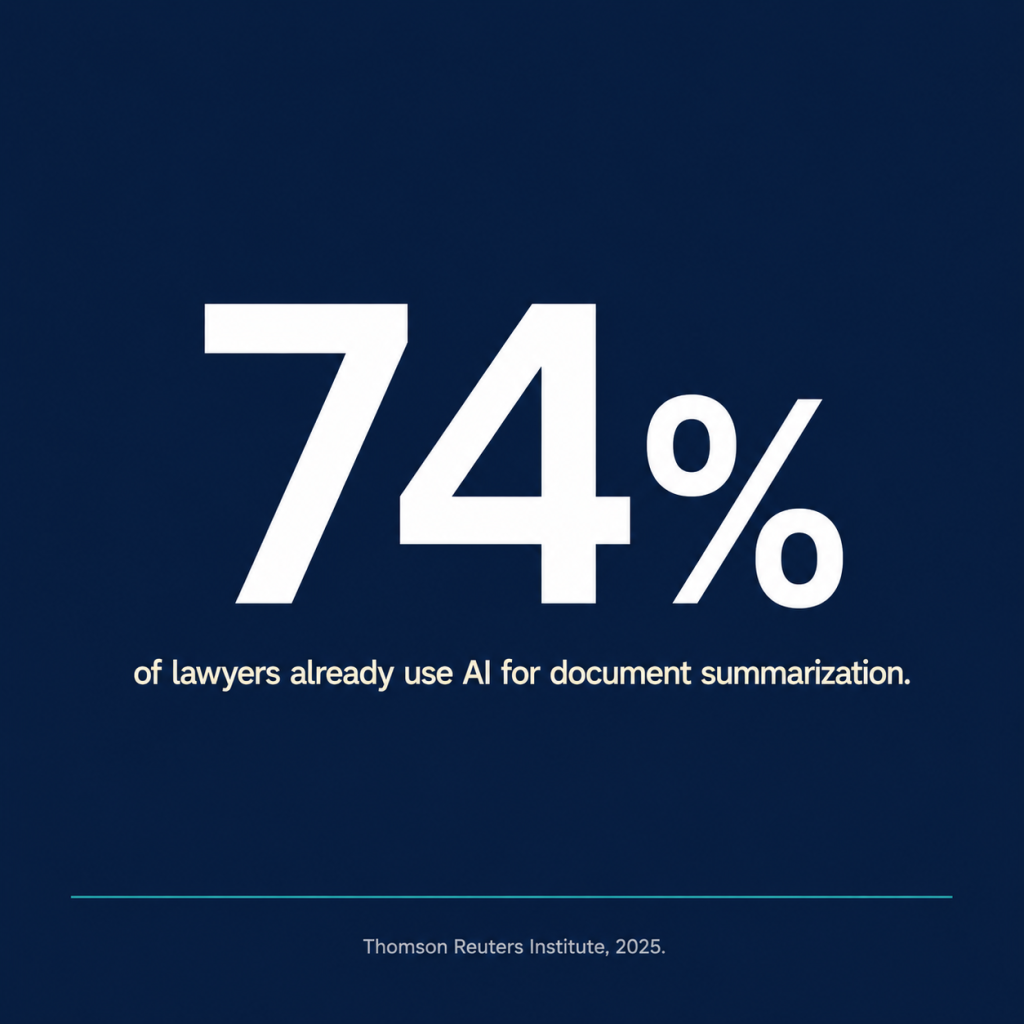 Large stat card showing 74 percent of lawyers use AI for document summarization tasks Description: A bold single-stat card on a deep navy background (#1B2A4A). In the center, the number "74%" rendered very large in white, clean sans-serif type. Directly below the number, a single line of smaller text in warm cream (#F5F0E8) reads: "of lawyers already use AI for document summarization." At the bottom edge of the card, a thin teal (#2A7F8E) horizontal accent line separates a small source attribution in light gray text reading "Thomson Reuters Institute, 2025." No icons, no illustrations, no decorative elements. The composition is stark and typographic, like a data callout from a Bloomberg or Economist report. 1024×1024 square.