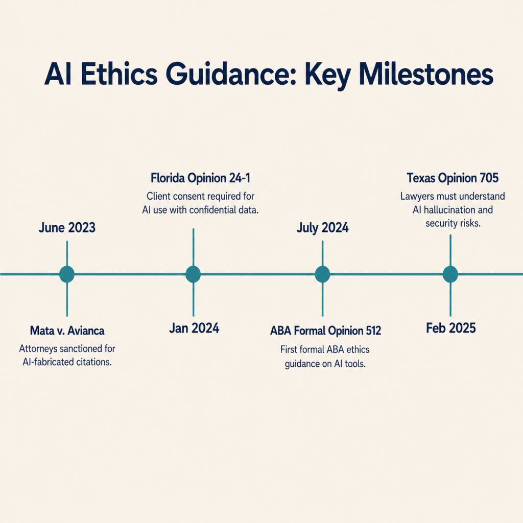 Horizontal timeline showing four key AI ethics milestones from 2023 to 2025 for legal professionals Description: A horizontal timeline on a soft cream (#F5F0E8) background. The timeline runs left to right as a clean teal (#2A7F8E) horizontal line with four evenly spaced circular nodes. Each node has a short vertical stem connecting to a label block above or below (alternating above/below for visual variety). The four nodes, left to right: (1) "June 2023" above, "Mata v. Avianca" below in small navy text with a one-line caption: "Attorneys sanctioned for AI-fabricated citations." (2) "Jan 2024" below, "Florida Opinion 24-1" above: "Client consent required for AI use with confidential data." (3) "July 2024" above, "ABA Formal Opinion 512" below: "First formal ABA ethics guidance on AI tools." (4) "Feb 2025" below, "Texas Opinion 705" above: "Lawyers must understand AI hallucination and security risks." All text in navy (#1B2A4A), nodes filled with teal. Title at the top of the card in navy bold sans-serif: "AI Ethics Guidance: Key Milestones." Clean editorial style, no 3D elements, no icons beyond the timeline nodes. 1024×1024 square.