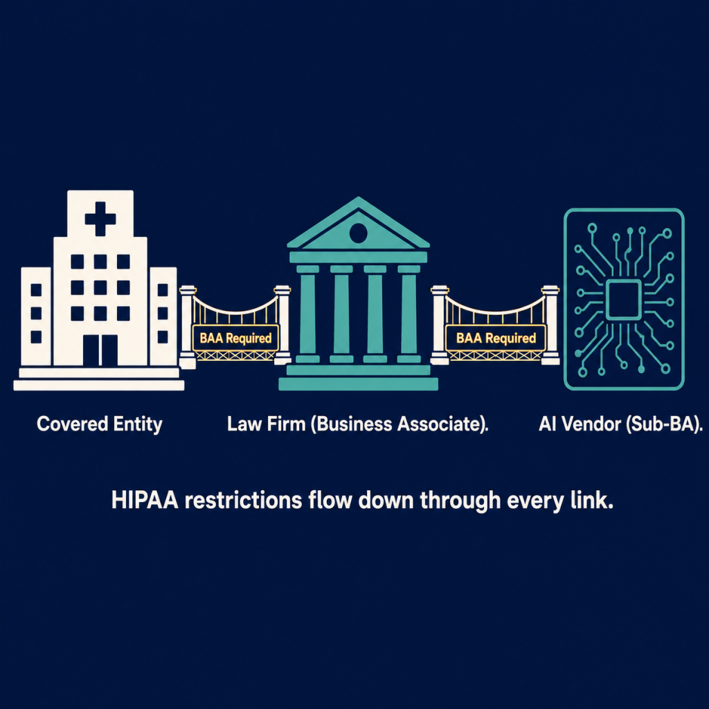 Diagram showing three-tier HIPAA chain from covered entity to law firm to AI vendor with BAA links