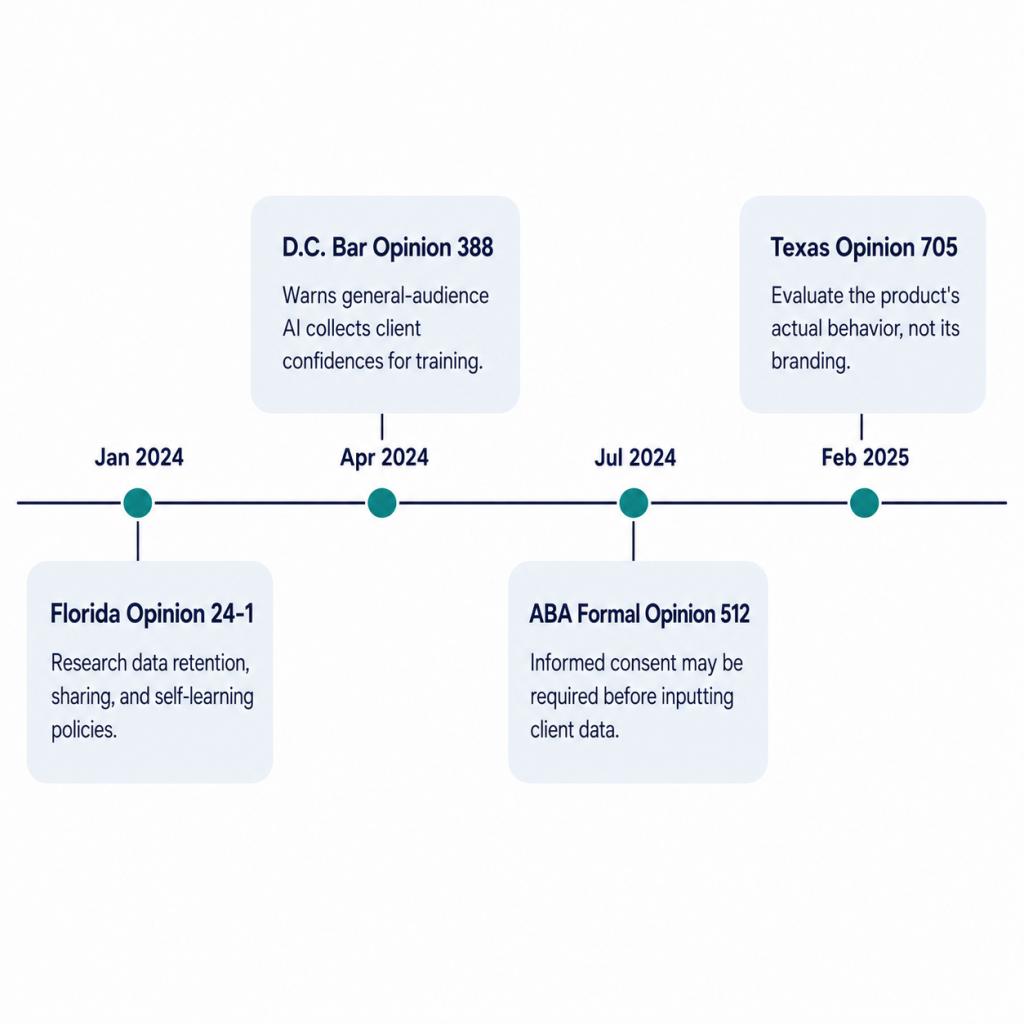 Timeline showing four bar ethics opinions on AI from Florida, D.C., ABA, and Texas between 2024 and 2025