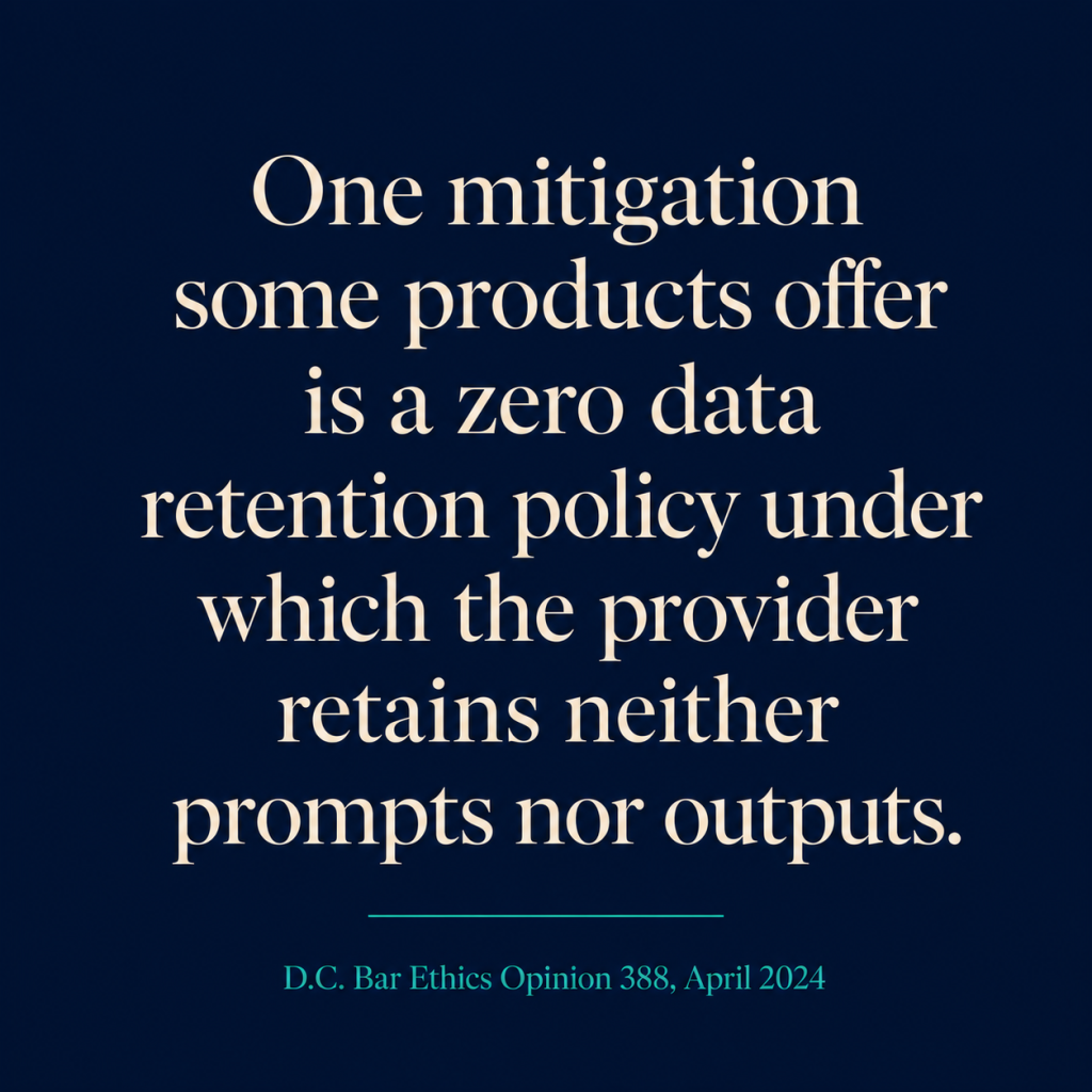 Pull quote from D.C. Bar Opinion 388 highlighting zero data retention as a key AI product distinction