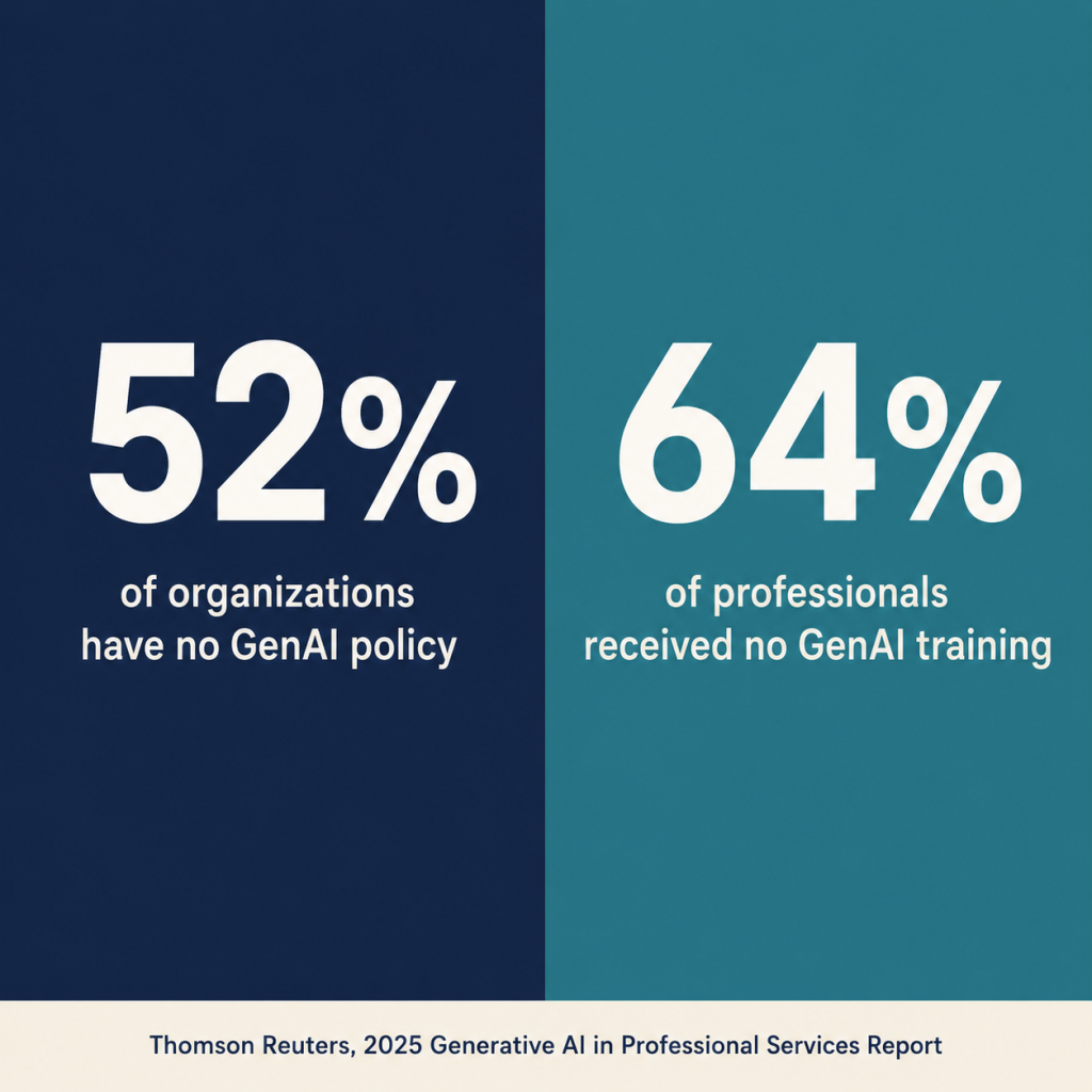 Comparison chart showing 52% of organizations had no GenAI policy and 64% of professionals had received no GenAI training