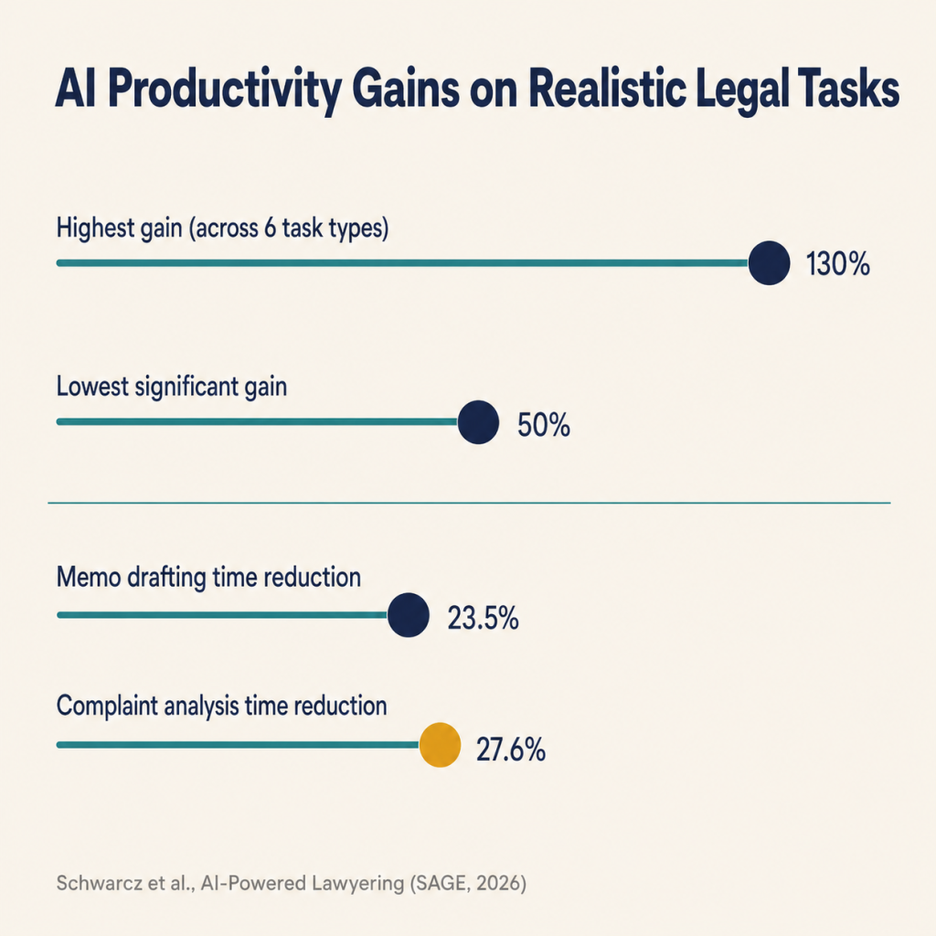 Bar chart showing AI productivity gains from 50 to 130 percent across legal task types with time reductions noted