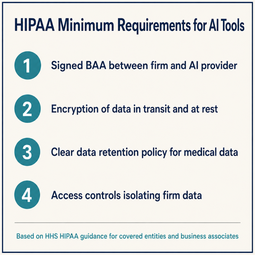 Numbered checklist showing four minimum HIPAA compliance requirements for AI tools processing medical records