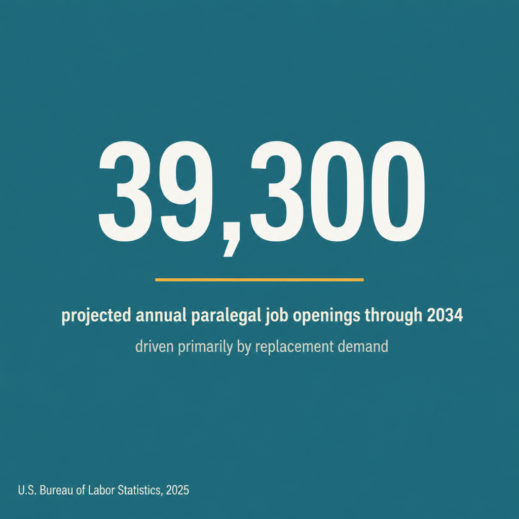 Large number stat card showing 39300 projected annual paralegal and legal assistant job openings through 2034
